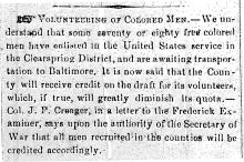 News article in Herald of Freedom and Torch Light, 1863 - "Volunteering of Colored Men"