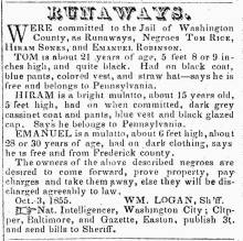 Ad in Herald of Freedom & Torch Light, 1855 - "RUNAWAYS." - WM. LOGAN, Sh'ff