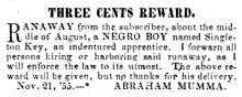 Ad in Herald of Freedom & Torch Light, 1855 - "THREE CENTS REWARD."