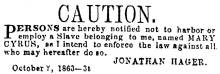 Ad in Herald of Freedom & Torch Light, 1863 - "CAUTION," about harboring slave MARY CYRUS belonging to Jonathan Hager