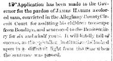 Notice in Herald & Torch Light, 1864 about application for pardon of James Harris