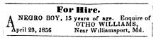 Advertisement from Herald of Freedom and Torch Light "For Hire", 1856