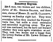 Ad in Herald of Freedom & Torch Light, 1856 - "Runaway Negroes."