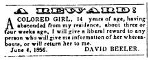 Ad in Herald of Freedom & Torch Light, 1856 - "A REWARD!" by David Beeler