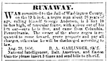 Ad in Herald of Freedom & Torch Light, 1856 - "RUNAWAY."