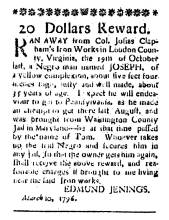 Ad in Washington Spy, 1796 - "20 Dollars Reward." by Edmund Jenings