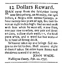 Ad in Washington Spy, 1795 - "12 Dollars Reward." by John Wade