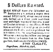 Ad in Washington Spy, 1796 - "8 Dollars Reward." by John Clagett