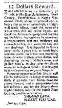 Ad in Washington Spy, 1792 - "12 Dollars Reward." from THOMAS LATA, ROBERT SLEMONS.