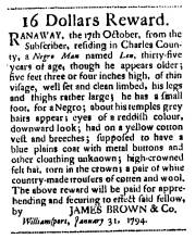 Ad in Washington Spy, 1794 - "16 Dollars Reward." by James Brown & Co