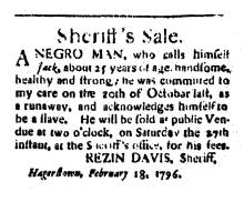 Ad in Washington Spy, 1793 - "Sheriff's Sale." by REZIN DAVIS, Sheriff, Hagerstown