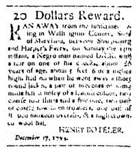 Ad in Washington Spy, 1794 - "20 Dollars Reward." - Henry Boteler