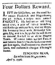 Ad in Washington Spy, 1796 - "Four Dollars Reward." by Benjamin Bean