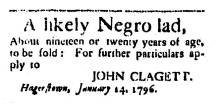 News ad in Washington Spy, 1796 - "A likely Negro lad,"
