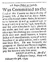 Ad in Washington Spy, 1794 - "A Negro Fellow in Custody." Henry Shryock, Sheriff Wash. Co. Md.