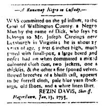 Ad in Washington Spy, 1793 - "A Runaway Negro in Custody." by Rezin Davis, Sheriff, Hagerstown
