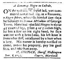 Ad in Washington Spy, 1793 - "A Runaway Negro in Custody." by HENRY SHRYOCK, Sheriff of Washington Co