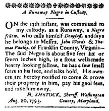 Ad in Washington Spy, 1793 - "A Runaway in Custody." (Douglass) by HENRY SHRYOCK, Sheriff of Washington Co