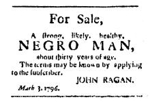 Ad in Washington Spy, 1796 - "For Sale, a strong, likely, healthy, Negro Man,"