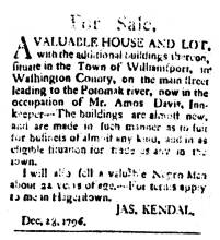 Ad in Washington Spy, 17916 - "For Sale,"  A Valuable House and Lot...