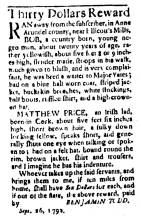 Ad in Washington Spy, 1792 - "Thirty Dollars Reward" - from BENJAMIN TODD