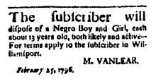 Ad in Washington Spy, 1796 - "The Subscriber will"...