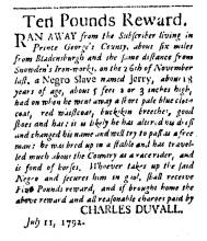 Ad in Washington Spy, 1792 - "Ten Pounds Reward." - from CHARLES DUVALL