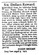 Ad in Washington Spy, 1793 - "Six Dollars Reward." by Roger Brooke