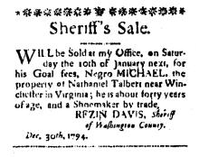 Ad in Washington Spy, 1794 - "Sheriff's Sale."