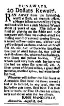 Ad in Washington Spy, 1795 - "Runaways. 20 Dollars Reward." by John Mandeville
