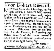Ad in Washington Spy, 1793 - "Four Dollars Reward." by John Booth