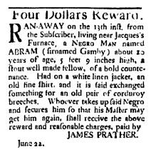 Ad in Washington Spy, 1791 - "Four Dollars Reward." by James Prather.