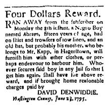 Ad in Washington Spy, 1795 - "Four Dollars Reward." by David Denwiddie