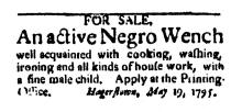 Ad in Washington Spy, 1795 - "For Sale, An active Negro Wench"