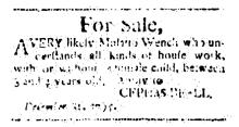 Ad in Washington Spy, 1795 - "For Sale," A very Likely Mulatto Wench
