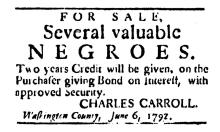 Ad in Washington Spy, 1792 - "For Sale, Several valuable NEGROES."