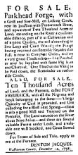 Ad in Washington Spy, 1792 - "For Sale, Parkhead Forge, with"