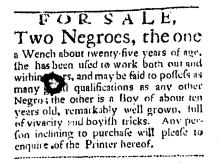 Ad in Washington Spy, 1791 - "For Sale, Two Negroes.."