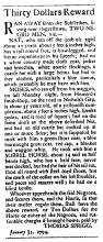 Ad in Washington Spy, 1794 - "Thirty Dollars Reward" by Thomas Sprigg