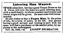 News ad in Herald of Freedom and Torch Light, 1856 - "Laboring Man Wanted."