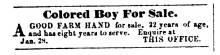 Ad in Herald of Freedom & Torch Light, 1857 - "Colored Boy For Sale."