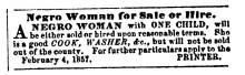 Ad in Herald of Freedom & Torch Light, 1857 - "Negro Woman for Sale or Hire."