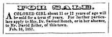 Ad in Herald of Freedom & Torch Light, 1857 - "For Sale." A Colored Girl about 11 or 13 years of age