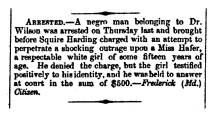 Notice in Herald of Freedom and Torch Light, 1857 - "Arrested." A negro man
