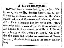 News article in Herald of Freedom & Torch Light, 1857 - "A Slave Stampede."