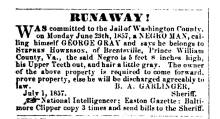 Ad in Herald of Freedom & Torch Light, 1857 - "RUNAWAY!" by B.A. GARLINGER, Sheriff