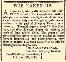 Ad in Alleganian, 1845 - "Was Taken Up," - Moses Rawlings, Sheriff of Allegany County
