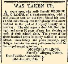 Ad in Alleganian, 1845 - "Was Taken Up," - Moses Rawlings, Sheriff of Allegany County