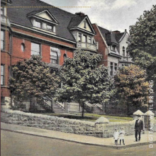 Postcard drawing of corner house, the Footer House, Cumberland MD; 2 young children and man stand on corner