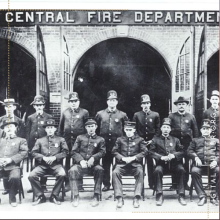 Cumberland Police Department poses for photo in front of Central Fire Department, 1908